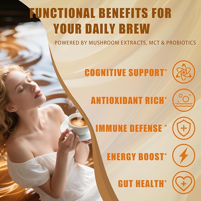 Mushroom Coffee Creamer, Caramel Creamer, Probiotics, MCT Powder and 6 Mushrooms | Lion's Mane, Turkey Tail, Reishi, Maitake, Chaga, Cordyceps | Boosts Energy, Focus, Supports Immunity | Gluten-Free, Vegan, 6.35 Oz