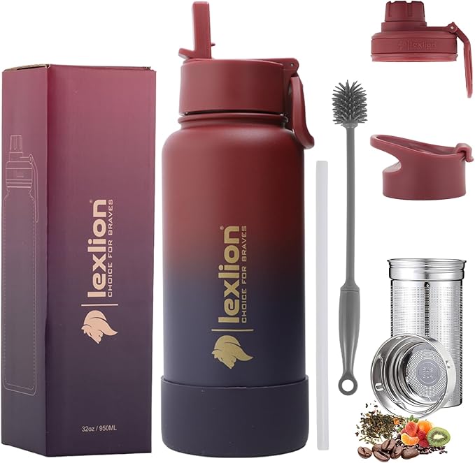 Lexlion 32 Oz Triple Walled Insulated Stainless Steel Fruit Infuser Water Bottle, 100% Leakproof, 3 Lids, Infuser, Silicone Sleeve, Metal Mug Gallon