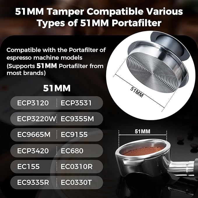 IKAPE 51MM Espresso Tamper Kit Silver 8 IN 1, Coffee Tamper Set comprising a Tamper, Distributor, Magnetic Dosing Funnel, Puck Screen, Station, WDT Tool, along with a Cleaning Towel and Brush