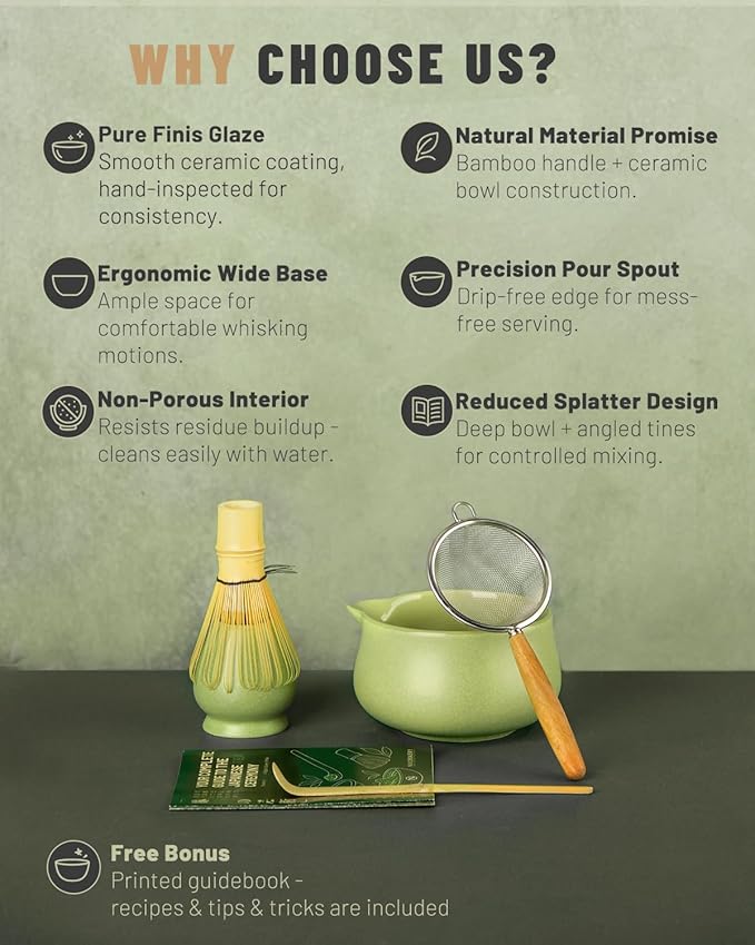 Nucookery Matcha Set - 6 PCS Matcha Whisk Set, 18OZ Matcha Bowl (Chawan) with Spout, Matcha Whisk (Chasen) and Holder, Bamboo Matcha Scoop and Sifter, Matcha Kit/Tools/Accessories for Tea Ceremony