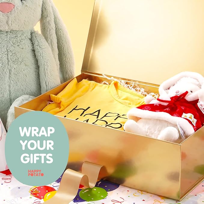 HAPPY POTATO 5 Large Gift Boxes with Ribbon 13.5x9x4.1 Inches, Gold Boxes with Lids, Bridesmaid Proposal Boxes, Magnetic Gift Boxes for presents (Glossy Gold, Pack of 5)