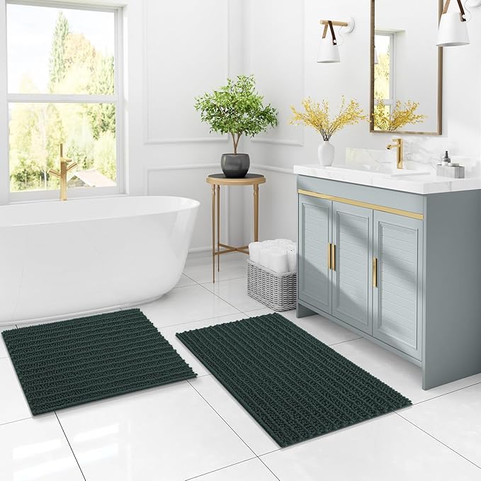 Arotive Luxury Chenille Bathroom Rug Mat, Extra Soft Thick Absorbent Shaggy Bath Rugs, Non-Slip Machine Wash Dry, Plush Bath Mats for Bathroom, Shower and Tub, 24x16, Dark Green