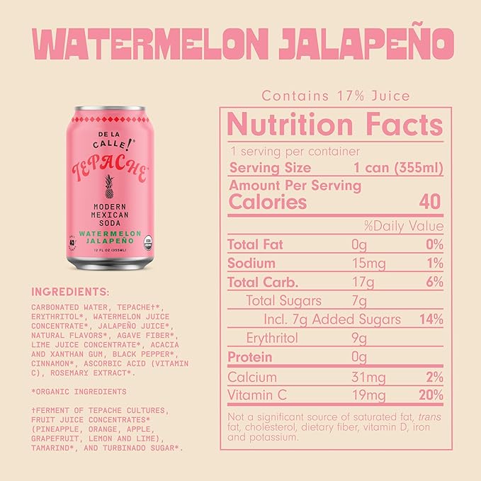 De La Calle Tepache - Watermelon Jalapeño - Modern Mexican Soda - Craft Fermented Pineapple Sparkling Beverage - Certified Organic, Antioxidant Rich, Non-Alcoholic, Healthy Soda, Low Sugar, Low Calorie, Non-GMO