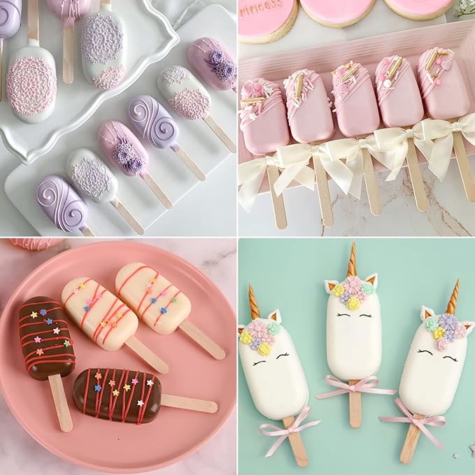 Sakolla 2 Pack Silicone Popsicle Molds, 4 Cavities Oval Mini Ice Pop Molds with 50 Wooden Sticks for Homemade Cake Pop, Cakesicles, Ice Cream (White)