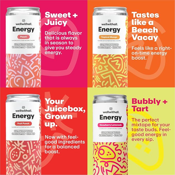 WellWithAll Energy Drink - Natural Caffeine from Tea - Healthy Energy Drink - Lightly Sparkling - Blend of Fruit and Veggie Juices - 12 Oz (Pack of 12) (12 Fl Oz (Pack of 12), Fruit Punch, Tropical Mango, Peach, and Strawberry Lemonade Variety Pack)
