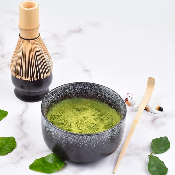 Matcha Tea Set, Matcha Accessories, Matcha Whisk Set Included Matcha Bowl, Bamboo Matcha Whisk, Scoop, Matcha Whisk Holder, Spoon Stand, Japanese Matcha Set for Beginners, Black