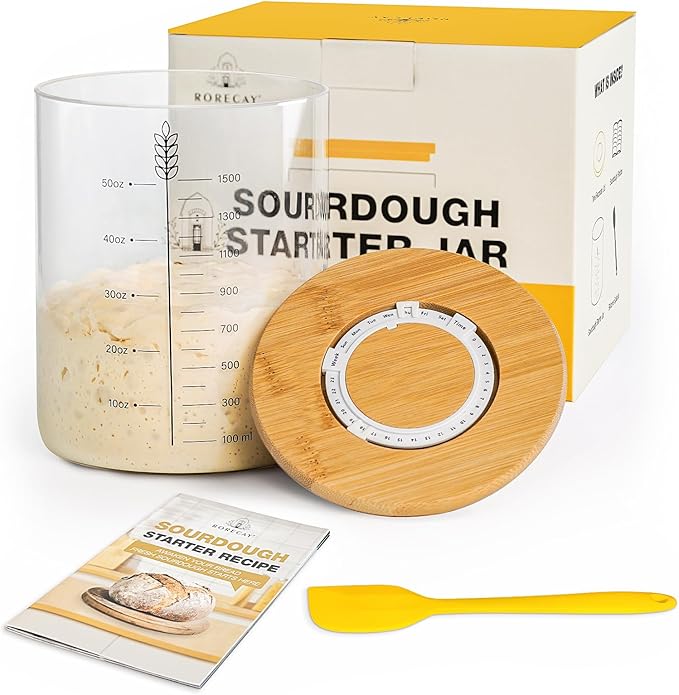rorecay 50oz Sourdough Starter Kit with Time Keeper, High Borosilicate Glass Sourdough Starter Jar, Wide Mouth Sour Dough Crock with Lid & Spatula & Recipe for Beginners and Professional Bakers