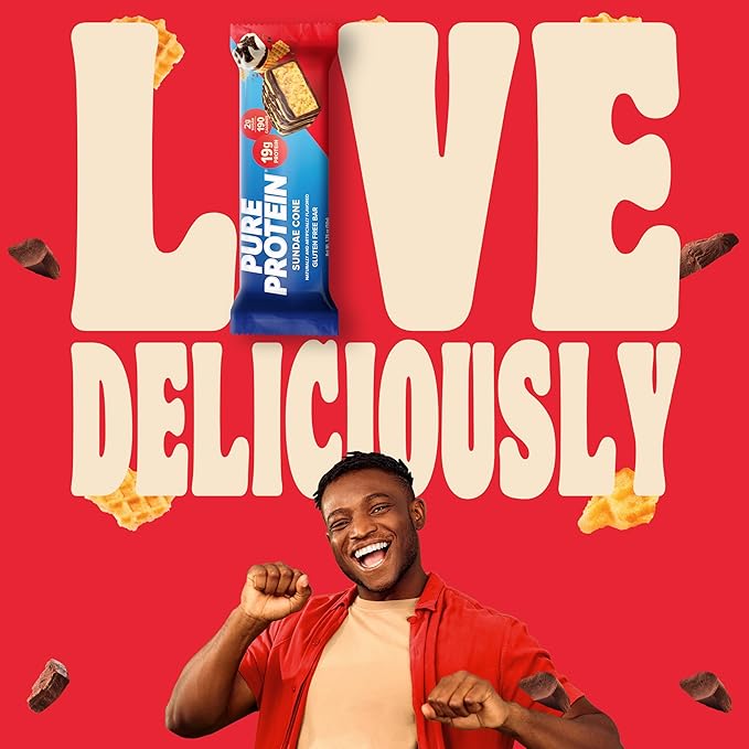 Pure Protein Bars, High Protein, Nutritious Snacks to Support Energy, Low Sugar, Gluten Free, Sundae Cone, 1.76oz, Pack of 4