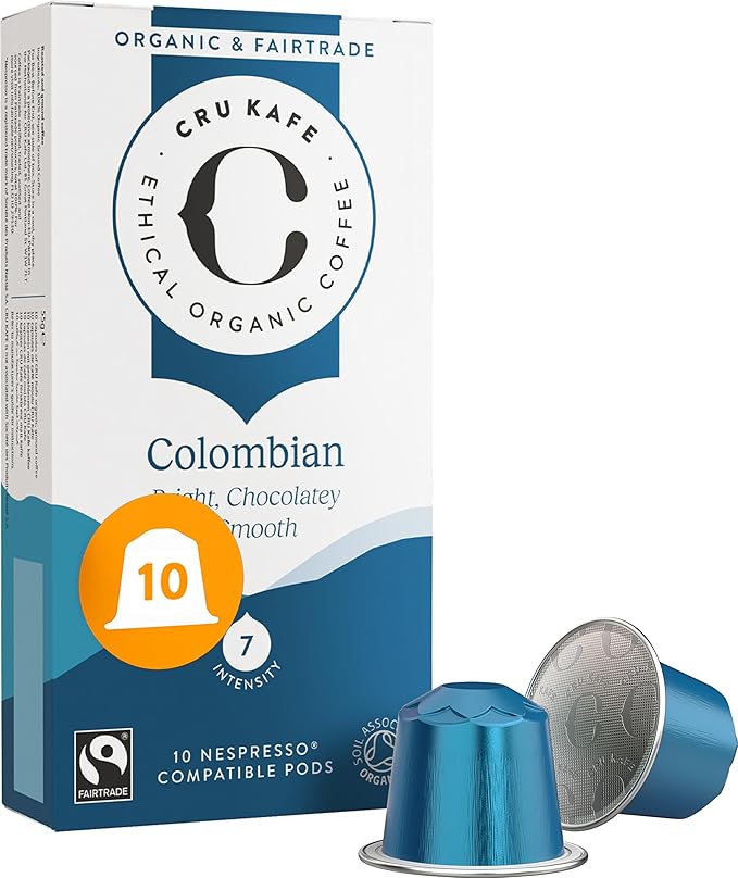 Cru Kafe Colombian USDA Organic Espresso Coffee Capsules (10 Pods) Fairtrade Coffee Pods Compatible with Nespresso Original Line and Pixie Machines