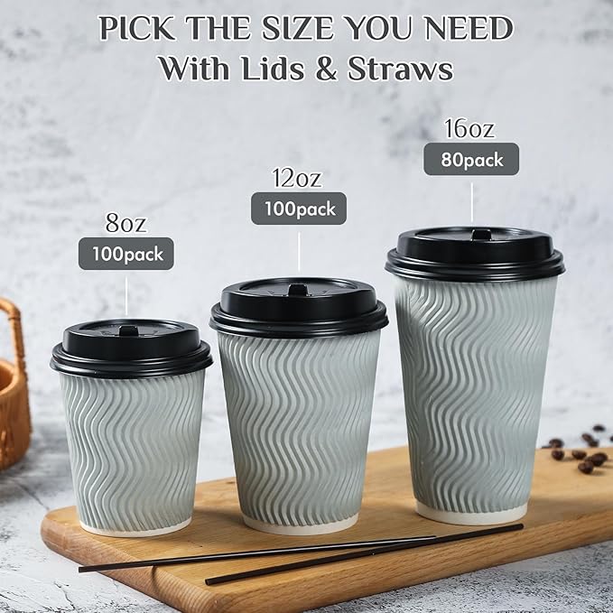 MUCHII 16 oz Disposable Coffee Cups, 80 Count Silver Grey Insulated Ripple To Go Cups With Lids and Straws for Tea, Hot Chocolate, and Drinks