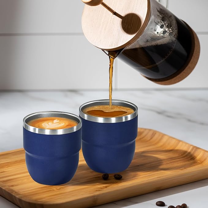 4oz Stackable Cup, Vacuum Insulated Espresso Cup Set of 6, Espresso Shot Cup for Coffee, Double Wall Stainless Steel Mini Tumbler Shot Glasses with Straw and Lid (A-navy6P, 4oz)