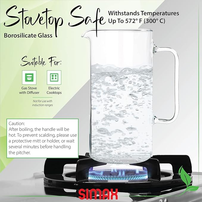 Simax Glass Pitcher, 32 Ounce (1 Quart) Borosilicate Glass, Hot and Cold Safe Iced Tea Pitchers for Drinks, Made in Europe Glass Water Pitcher, Cocktail Jug, Lemonade, Sangria