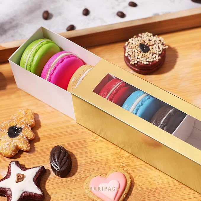25 Macaron Boxes for 6 Macarons Gold Macaron Boxes with Interior Measurement 7.3" x 1.9" x 1.9" Macarons Gift Boxes with Clear Window (without Macaron inside)