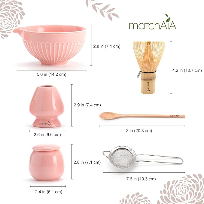 6 Pcs Matcha Set - Ceramic Bowl with Spout, Matcha Whisk with Holder, Tea Powder Canister, Sifter and Spoon, Complete Kit for Traditional Matcha, Modern Lattes, and Tea Ceremonies (Pink)