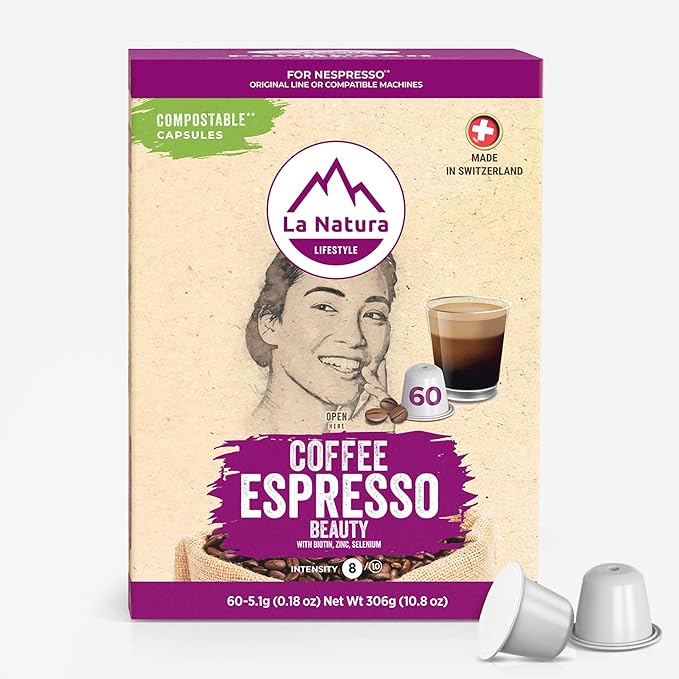 La Natura European-Style Beauty Coffee Pods - For Original Line Nespresso Machines - Espresso Roast with Biotin, Selenium, and Zinc for Healthy Hair, Skin, Nails - Pack of 60
