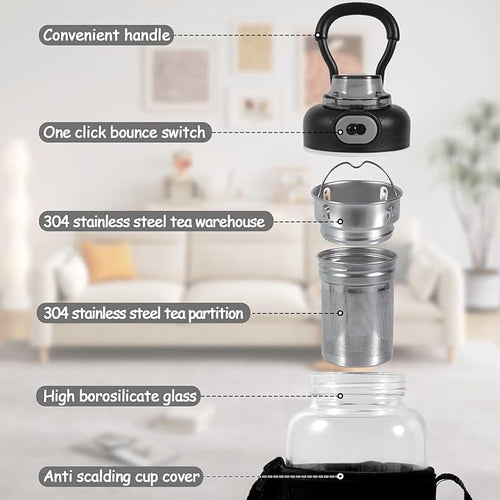 34oz tea bottle with infuser - Large Capacity Glass Water Bottle, With Time Mark, Stainless Steel Tea Strainer,Sleeve, BPA Free,For hot or cold drinks, coffee, tea and water
