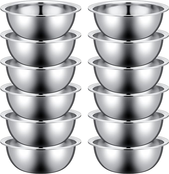 Pinkunn Set of 12 Stainless Steel Mixing Bowls, Nesting Metal Prep Salad Bowl Bulk Kitchen Large Reusable Baking Food Container for Hotel Restaurant Home Cooking, Silver(9.45 x 3.15 Inch)
