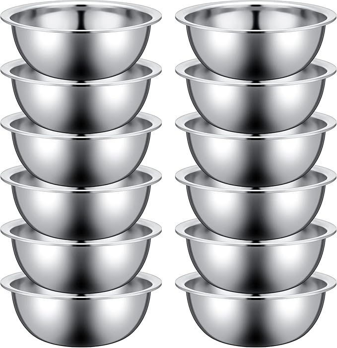 Pinkunn Set of 12 Stainless Steel Mixing Bowls, Nesting Metal Prep Salad Bowl Bulk Kitchen Large Reusable Baking Food Container for Hotel Restaurant Home Cooking, Silver(12.6 x 4.25 Inch)