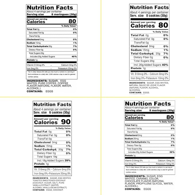 4 Pack Krunchy Melts Original Meringue Cookies | Snack Attack 4-Pack | Cappuccino, Dulce de Leche, Toasted Coconut, Chocolate | Only 80-90 Calories Per Serving | Low Fat/Fat Free, Gluten Free, Dairy Free (4 Oz)