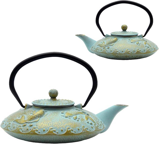 27.1oz Small Cast Iron Teapot, SECHUDO Japanese Style Tea Kettle Coated with Enameled Interior for Stovetop Safe,Cast Iron Tea Pot with Stainless Steel Strainer for Loose Leaf,Flat Fish Pattern(800ml)
