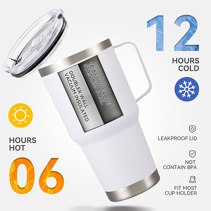 30 oz Tumbler with Handle and Lid, Stainless Steel Tumblers Double Wall Vacuum Insulated Travel Mug Leak Proof Cup Keep Drinks Cold and Hot White, 1 Pack