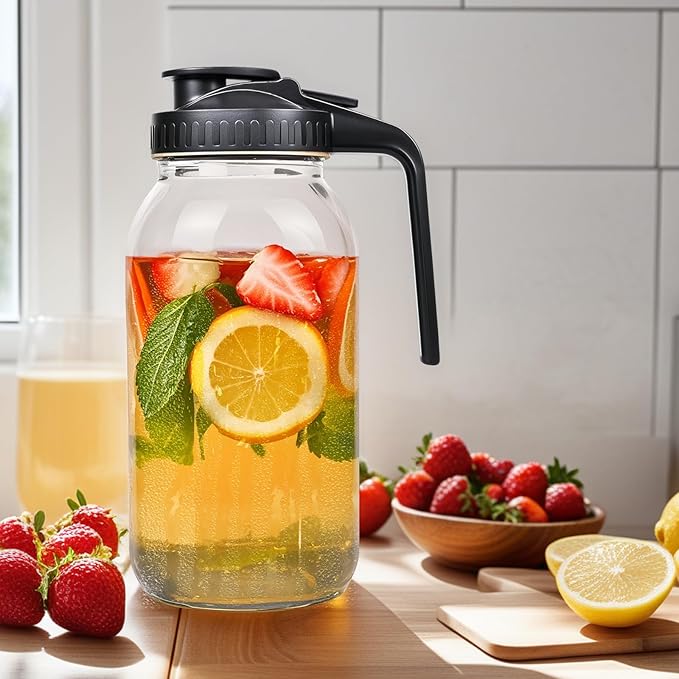 2 Pack 64oz Glass Mason Jar Pitchers with Airtight Lids & Handles – Wide Mouth, Leak-Proof Jars for Sun Tea, Cold Brew, Lemonade, Iced Coffee, and More