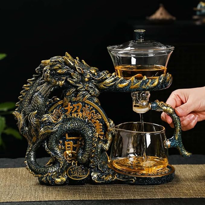 Glass Teapot Set with Infuser Semi Automatic Dragon Tea Set with 6 Small Cups (golden dragon-b)