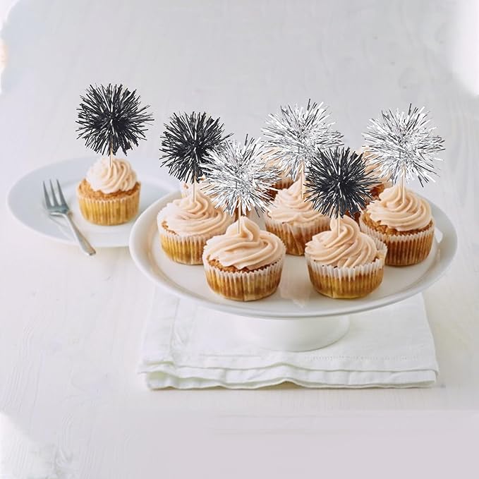 40 PCS Foil Firework Cupcake Toppers Sparkle Tinsel Cupcakae Picks Foil Firework Party Decorations Cocktail Fruit Toothpick for Fireworks Theme Birthday Wedding Graduation Party Decor Black Silver
