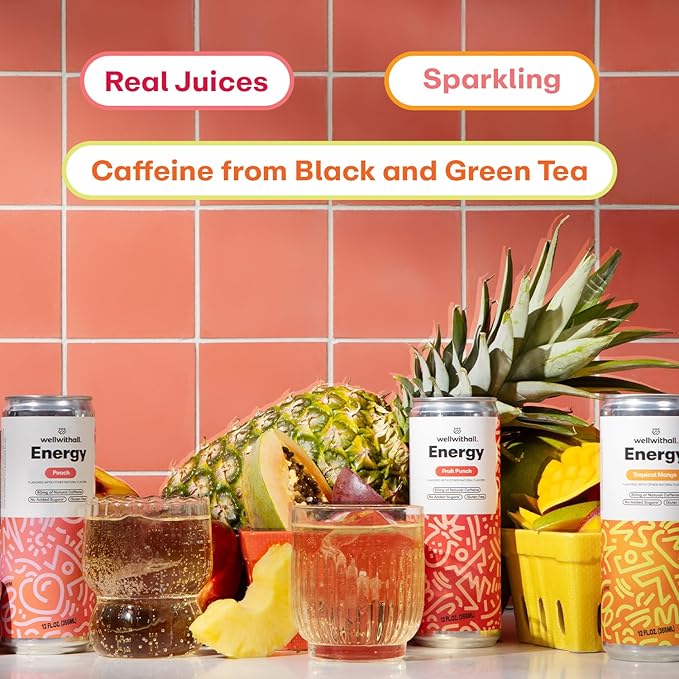 WellWithAll Energy Drink Variety Pack – Fruit Punch, Tropical Mango, and Peach Flavors – Caffeine from Tea – With Vitamin C – Lightly Sparkling Beverage – Fruit & Veggie Juice Blend – 12 Oz (Pack of 12 – 4 Cans of Each Flavor )