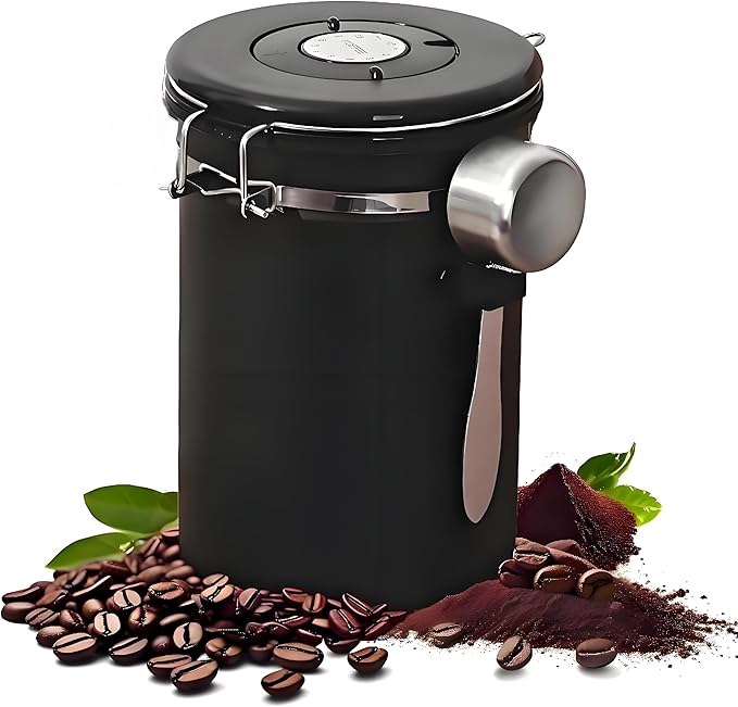 Coffee Canister, Stainless Steel Coffee Bean Storage Container with Date Tracker and Scoop, Kitchen Food Container for Grounds Coffee, Beans, Tea, Flour, Cereal, Sugar, 22OZ (1800ML | Black)