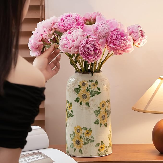 Vintage Ceramic Vase, 10.6 Inch Chinoiserie Sunflower Yellow Floral Vases, Retro Ice Cracked Rustic Antique Flower Vases for Modern Room Bathroom Shelf Home Decor (Large Cylinder)