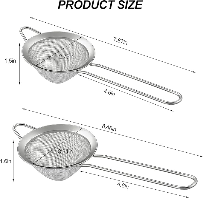 2 Pack Fine Mesh Strainer, Small Stainless Steel Sieves with Handles, for Steeping Loose Leaf Tea, Straining Cocktail, Juice and Sifting Flour, Powdered Sugar (2pcs-Conical)