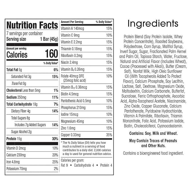 WonderSlim Meal Replacement Protein Bar, Fudge Graham, 15g Protein, 20 Vitamins & Minerals (7ct)