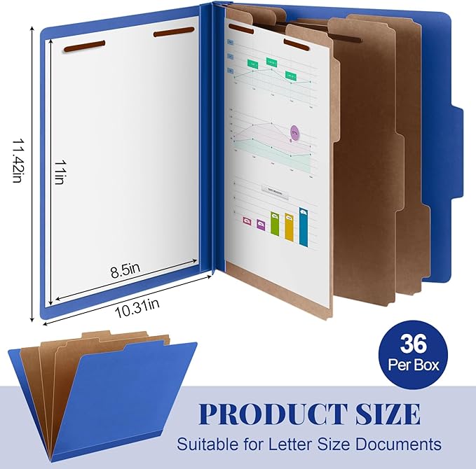 36 Pcs Classification Folders Letter Size, Back to School Supply for Teacher, Student, 3 Dividers Pressboard File Folder Bulk with 2 Fasteners, 3.5 Inch Expanding File Organizer (Dark Blue)