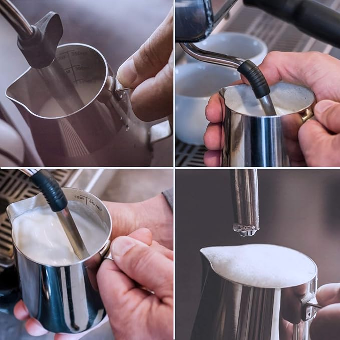 SIKEMAY Milk Frothing Pitcher Cup, 12oz/350ML Milk Frother Cup Stainless Steel Steaming Pitcher Milk Jug Coffee Latte with Art Pen Cappuccino Espresso Machine Accessories Barista Steam Pitchers Tools