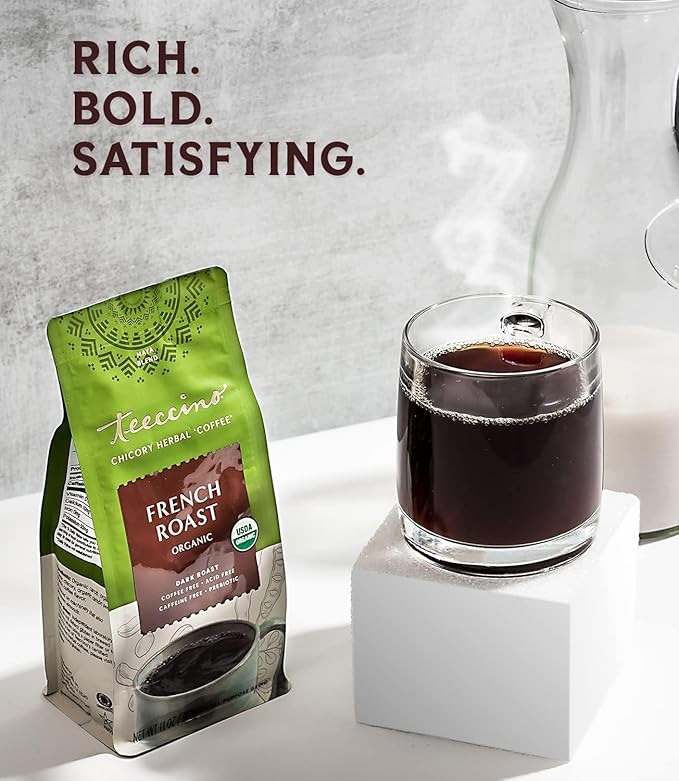 Teeccino French Roast Chicory Coffee Alternative - Ground Herbal Coffee That’s Prebiotic, Caffeine-Free & Acid Free, Dark Roast, 11 Ounce (Pack of 6)