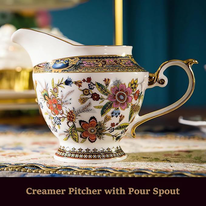 ACMLIFE Tea Set for Adults for 6, Blue and White Tea Set with Cups, Bone China Vintage Floral British English Tea Pot with Cups and Saucers for Women Party, Afternoon Service or Gift Giving (Pink)