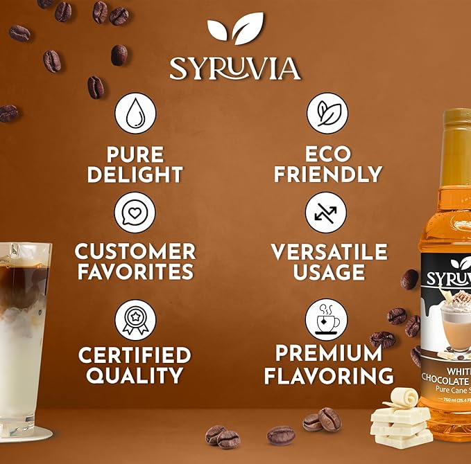 Syruvia White Chocolate Mocha Syrup For Coffee 25.4 Oz. - Kosher & Gluten Free, No Coloring, Perfect for Drinks, Soda, Shakes, Desserts, and More.