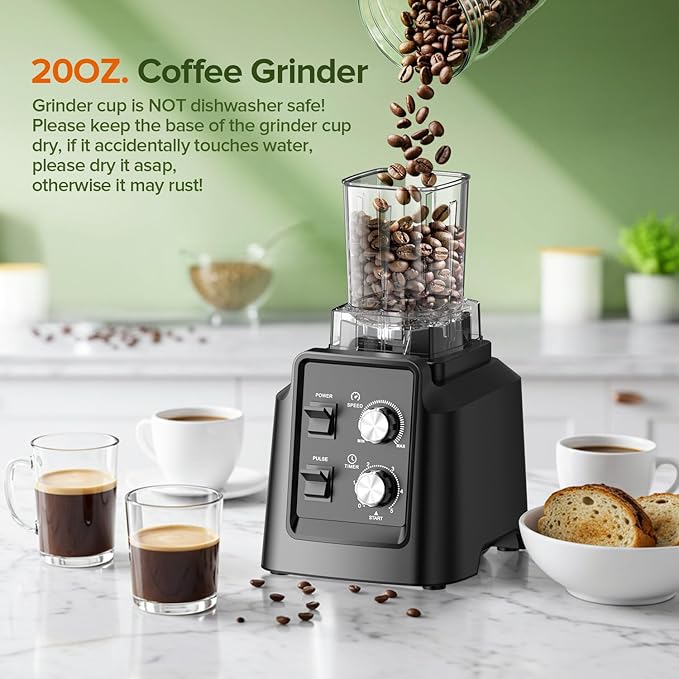 Blender, 68Oz. Countertop Blenders with 20Oz. Grinder, 28000 RPM Kitchen Blender for Smoothies, Ice Crushing, Frozen Fruits, Self-Cleaning, Speed Adjustable, Black