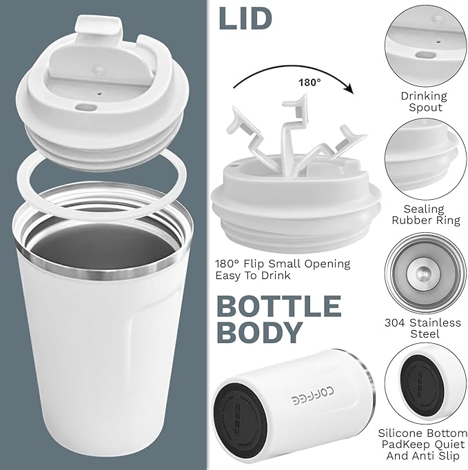 YINBAOGE Insulated Travel Coffee Mug Spill Proof Leak Proof Pobtable To Go Camping Stainless Steel Coffee Tumbler Reusable Coffee Cups with Lids Thermos for Hot and Cold Drink (2nd-White, 12 OZ)