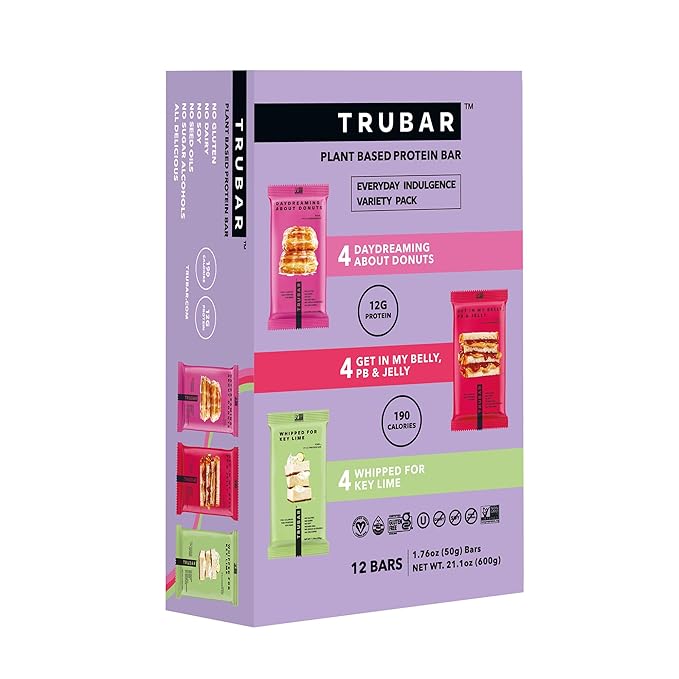 TRUBAR Vegan Protein Bar Variety Pack, Assorted Flavors, Donuts, PB & Jelly, Key Lime, Gluten Free, Vegan Protein Snacks, 12G Plant-Based Protein, High Fiber, Healthy Protein Bars, 12 CT