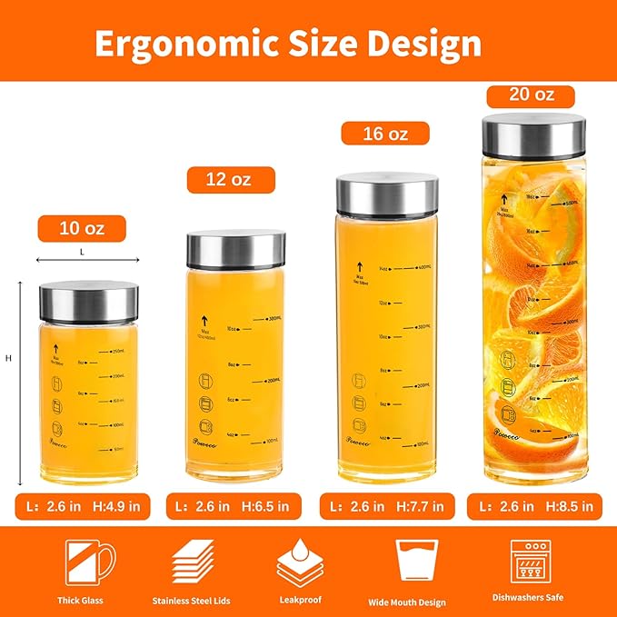 Glass Juice Bottles 4 Pack 20 oz - Wide Mouth Glass Water Bottles with Lids - for Juicing, Protein, Smoothie, Milk, Reusable, BPA Free, Stainless Steel Lids, Blender, Shaker Bottle [20oz/600ml]