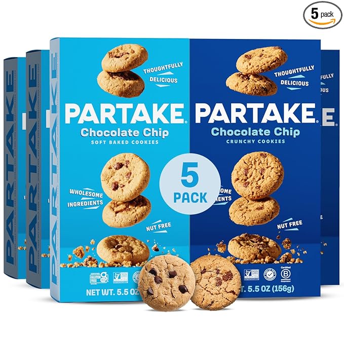 Gluten Free Partake Crunchy & Soft Baked Chocolate Chip Cookies Variety Pack - Vegan - Free From the Top 9 Allergens Including Dairy, Wheat, Soy, Eggs, & Peanuts - Non GMO - Safe School & Office Snack (5 Pack, 5.5oz Boxes)