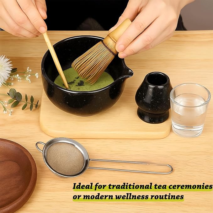 10 Pcs Matcha Whisk and Bowl Set – Traditional Black Matcha Tea Set with Bamboo Accessories – Japanese Style Matcha Set – Ideal Macha kit Set Gift