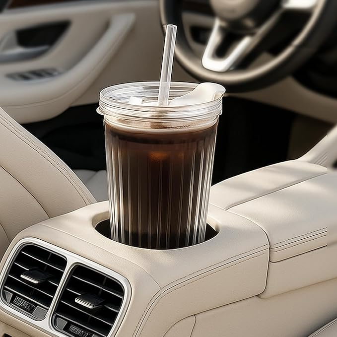 WERTIOO 20 Oz Ribbed Glass Tumblers with Straw and Lid, Glassware Drinking Glasses Set of 4, Leak Proof Ice Coffee Cups Reusable, Thickened Glass, Ideal for Iced Coffee, Smoothies and Juices