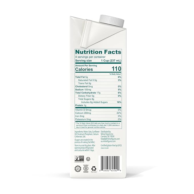 Minor Figures - Oat Milk - Barista Standard - 32 Oz - 6 Pack - Non-GMO - Plant-Based - Vegan - Dairy Free - Shelf Stable - Unsweetened
