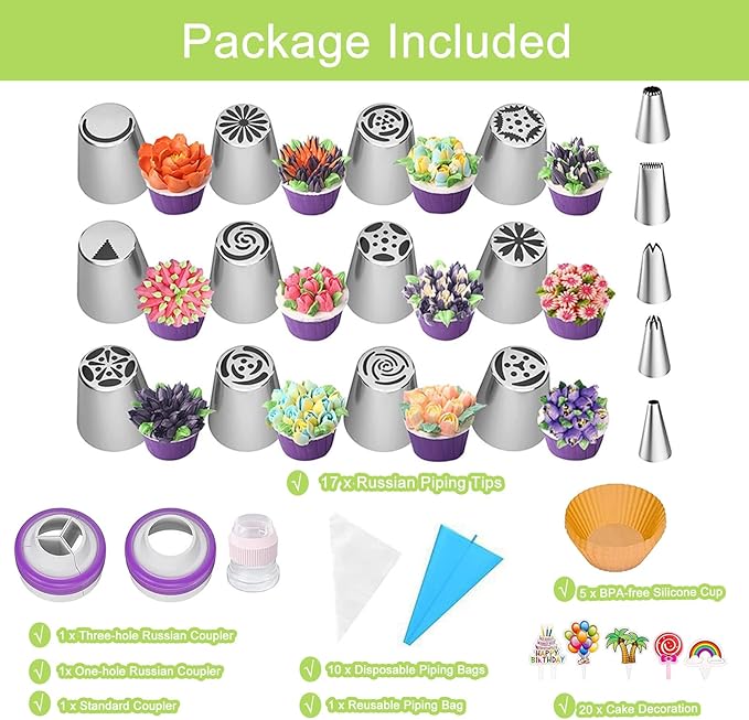 56-Piece Russian Piping Tips Set, Cake Decorating Kit with 17 Frosting Nozzles, Reusable Piping Bags, and Baking Supplies for Cupcakes, Cookies, Cakes - Idael for Bakers & Beginners