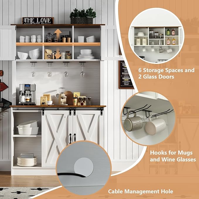 4ever2buy Farmhouse Coffee Bar Cabinet with 2 Glass Doors, 72'' White Bar Cabinet with Sliding Barn Door, Tall Wine Bar with 9 Racks, Coffee Bar Hutch with Storage for Living Room