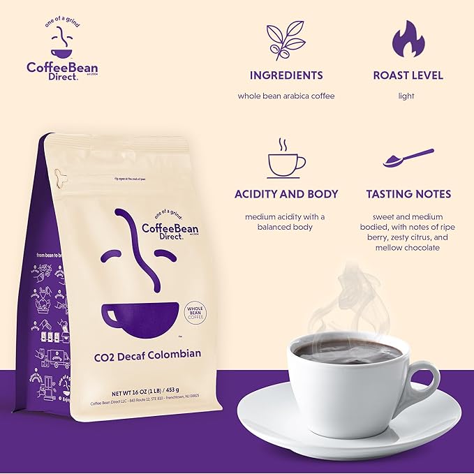 Coffee Bean Direct CO2 Decaf Colombian, Whole Bean Coffee, Light Roast, 1 Pound Bag (Pack of 1)