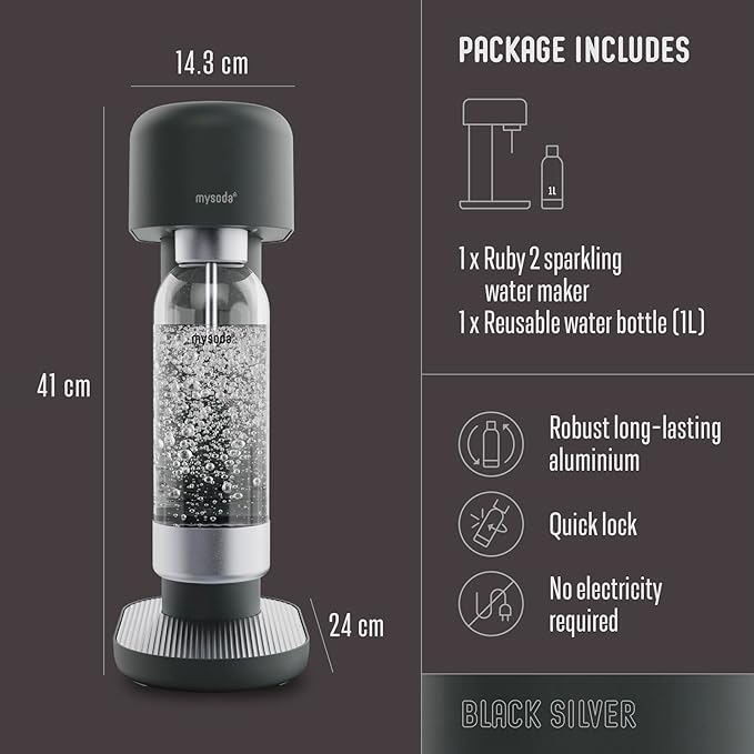 Mysoda Ruby 2 Sparkling Water Maker - Soda Streaming Machine Silent Carbonated Water Machine Robust Long-Lasting Aluminium Soda Maker 1L Water Bottle Without CO2 Cylinder - Black Silver Soda Machine